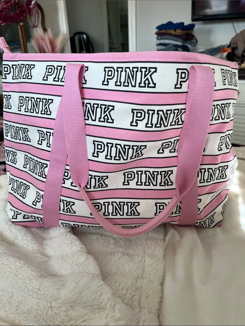 PINK Victoria's Secret Pink & White Logo Stripe Canvas Tote